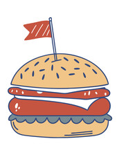 Cartoon Hot Dog and Burger Illustration – Hand-Drawn Fast Food Clipart for BBQ, Summer, and American Diner Designs.