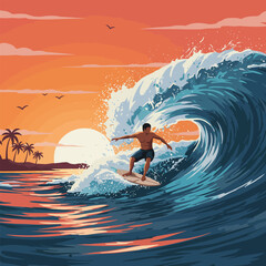 Man Surfing a Big Wave at Sunset on Tropical Coast
