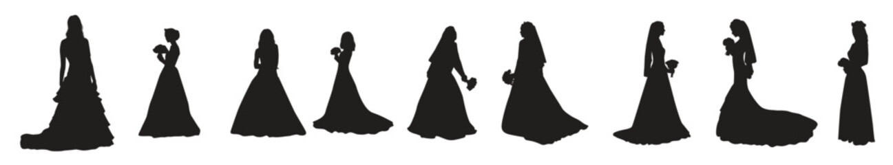 Collection of Bridal silhouettes in different poses set.