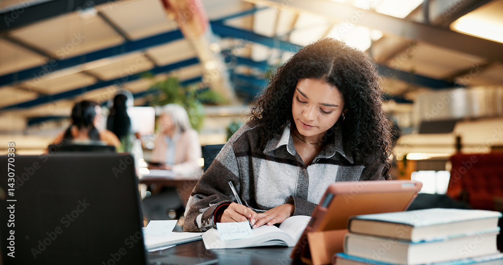 Aufkleber education, writing notes and girl in college for knowledge, assignment project or learning. book, wo