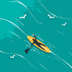 Paddling on Surfboard in Blue Ocean with Seagulls Flying Above