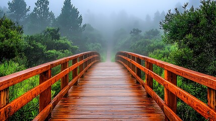 Obraz premium Tranquil wooden bridge through misty forest