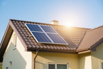 Small solar panel on house rooftop. Sunlight reflects on solar home cell system. Eco industry, green energy innovation, alternative electricity source, clean power generation. Residential building 