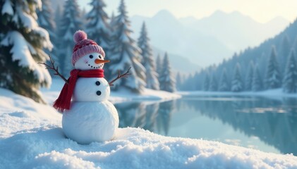 Obraz premium snowman standing alone in winter landscape with snowy trees and frozen lake, winter scenery, frozen lake, happy snowman