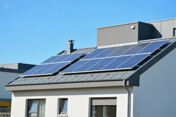 Small solar panel on house rooftop. Sunlight reflects on solar home cell system. Eco industry, green energy innovation, alternative electricity source, clean power generation. Residential building 