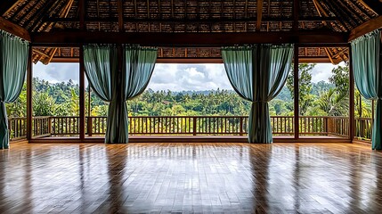 Tranquil yoga studio with panoramic jungle views