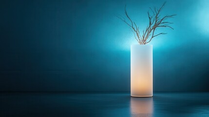 A contemporary vase made of glass featuring twigs at the top, beautifully illuminated with soft light against a soothing blue backdrop, creating a serene atmosphere.