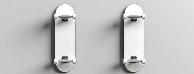 Two white skateboards, wall, blank