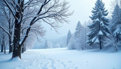 Fototapeta premium Snowy winter landscape with bare trees and white snowflakes, christmas, snowflake