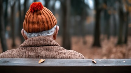 Obraz premium An elderly man wearing a cozy beanie sits on a bench and enjoys the peaceful outdoor atmosphere, encapsulating warmth and comfort amid the seasonal transitions of nature.