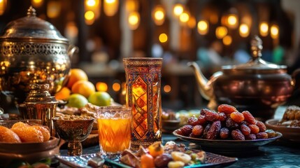 Festive Iftar table with traditional Middle Eastern drinks and sweets.
