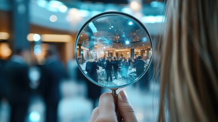 An intriguing perspective of a busy event captured through a magnifying glass, presenting a unique focal point that emphasizes the vibrancy and buzz of social gatherings.