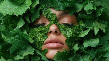 A stunningly artistic representation of a model partially covered with green leaves, creating a captivating visual that symbolizes nature, beauty, and tranquility in harmony.