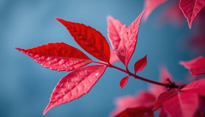 Vibrant red leaves against a soft blue background