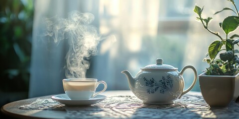 A simple, elegant tea setup with steam rising in the soft morning lightv