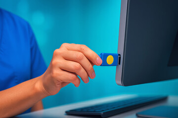 person in healthcare inserts USB drive into computer for cybersecurity