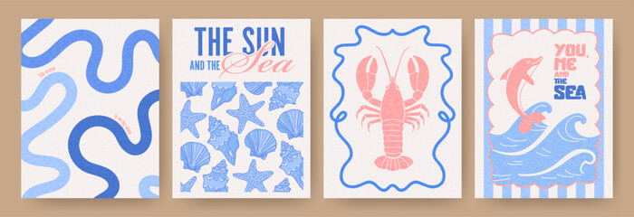 Abstract summer poster or card set in art doodle style with hand drawn wavy lines, seashells, lobster, dolphin jumping out of the water, ocean sea. Trendy summer design for branding, ads, print, decor