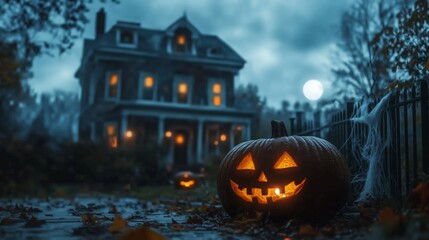 Cinematic Halloween scene featuring a glowing jack-o'-lantern on a spooky path leading to a ghostly Victorian house under the full moon

