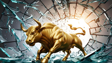 a powerful golden bull statue emerging from shattered glass, symbolizing strength and overcoming obstacles. The image captures a moment of breaking through barriers