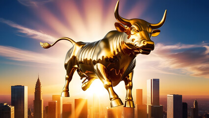a golden bull statue symbolizing financial strength and economic prosperity, with a stunning skyline backdrop 
