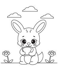 Coloring book rabbit holding a sandwich among the flowers under the clouds