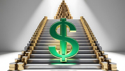 A golden dollar sign climbing up a staircase of wealth, symbolizing financial growth and achievement
