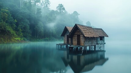 Fototapeta premium Misty morning view of two rustic stilt houses over a tranquil lake.
