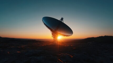 The satellite dish stands majestically against the backdrop of a mesmerizing sunset, capturing the essence of technological advancement amidst nature's beauty.