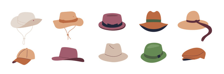 Set of Hat icons. Summer and autumn headwear flat illusration. Vector