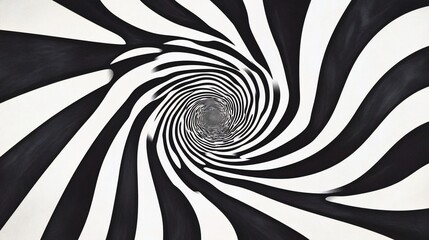 Black and white vortex design forming a hypnotic, swirling tunnel, providing a visual illusion of depth