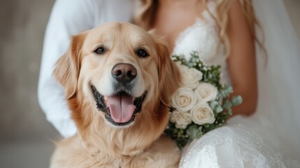 A heartwarming image of a golden retriever posing affectionately with the bride, showcasing their unique bond and the joy that pets bring on a memorable day.