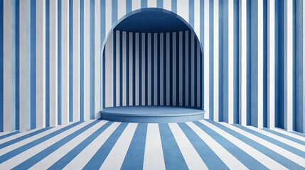 Obraz premium Blue and white striped backdrop with an arched alcove and circular pedestal