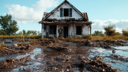 An abandoned house surrounded by muddy land and overgrown grass, representing neglect and the passage of time in an area once vibrant with life.