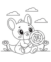 Coloring book rabbit enjoying a swirl lollipop under fluffy clouds