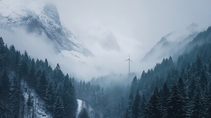 Winter scene with snowy mountains, tall trees, and a windmill in a misty valley