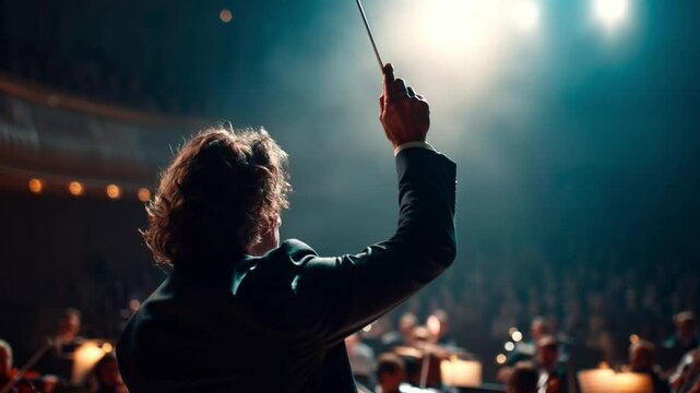 Conductor raises baton slowly in concert hall before silent orchestra. Static. 4K.
