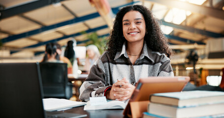 Education, portrait and woman in library of college campus for learning or study. Books,...