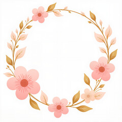 Fototapeta premium Floral wreath with pink flowers and leaves on a white background 