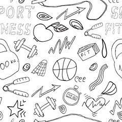 set of vector hand-drawn sports icons doodle lettering .swimming bodybuilding badminton sports equipment, fitness .seamless pattern A collection of design elements for typography