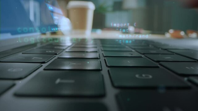 Software Developer Typing Source Code on a Computer Keyboard. Motion Graphic Illustrating a Programming Job and Online Service Creation with Bits of Digital Language Appearing on Screen