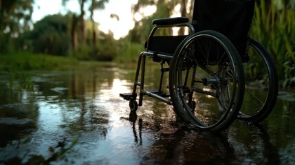 A wheelchair partially submerged in calm water creates a serene reflection, representing the intersection of human experience with nature and evoking feelings of contemplation.