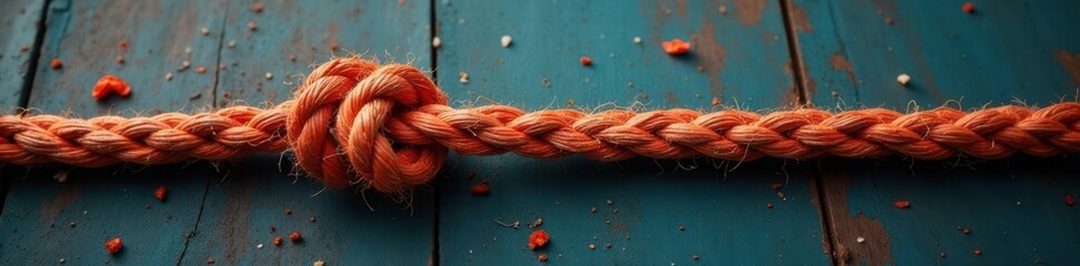 Taut rope under stress, frayed ends, worn-out surface, fibers breaking, fraying