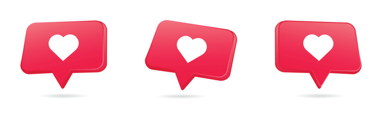 Vector social media notification love like heart icon set in red rounded square with shadow isolated on white background.