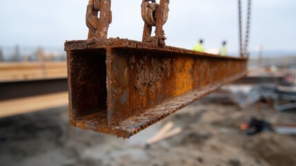 A close-up of a rusty steel beam suspended at a construction site, illustrating the raw materials and textures used in modern engineering and construction projects.
