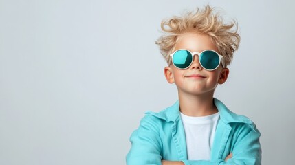 A confident young boy poses with bold sunglasses, radiating style and charm, ideal for presentations of contemporary children's fashion and lifestyle.