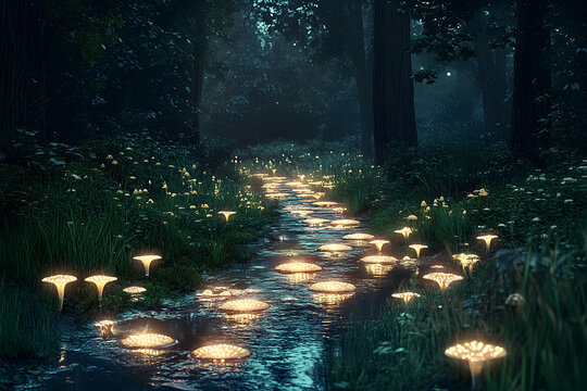 Mystical forest path illuminated by glowing fungi.