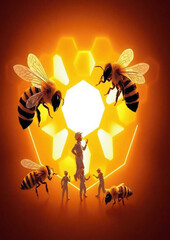  honey, beekeeper suits, tiny humans, imaginative scene, oversized environment, dripping honey