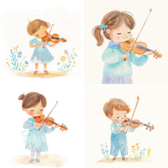 Watercolor Kid with Violin Clipart Set


