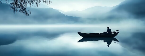 A serene figure in a boat floats on a misty lake surrounded by mountains.