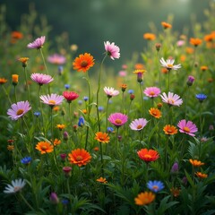 Colorful grassland with blooming flowers